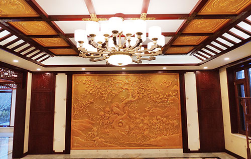 港口镇中式别墅客厅中式木作横梁吊顶装饰展示